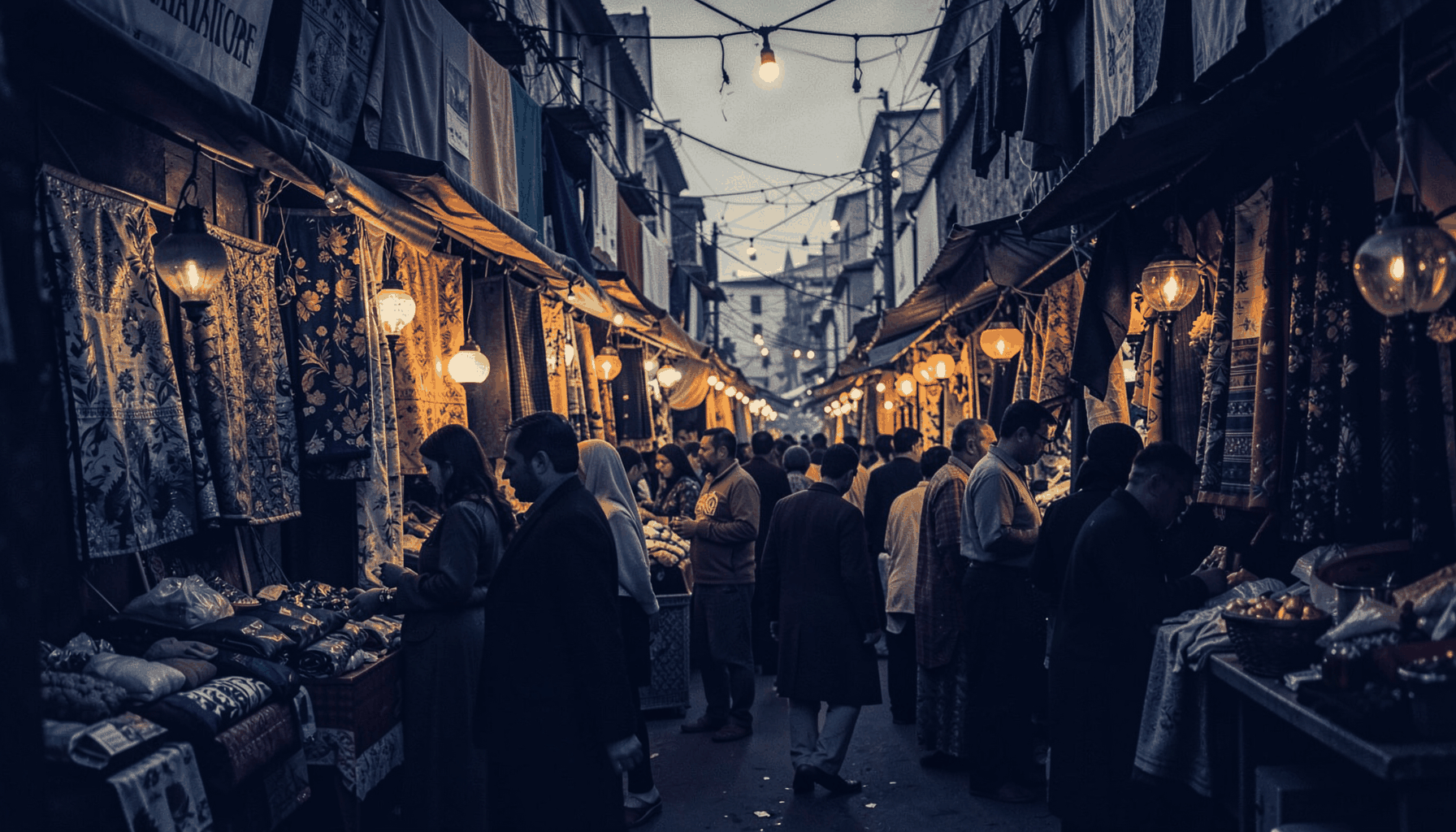 A moody duotone photograph of a crowded Indian street market at dusk with colorful fabric stalls and soft lantern light, rendered in deep indigo and warm gold