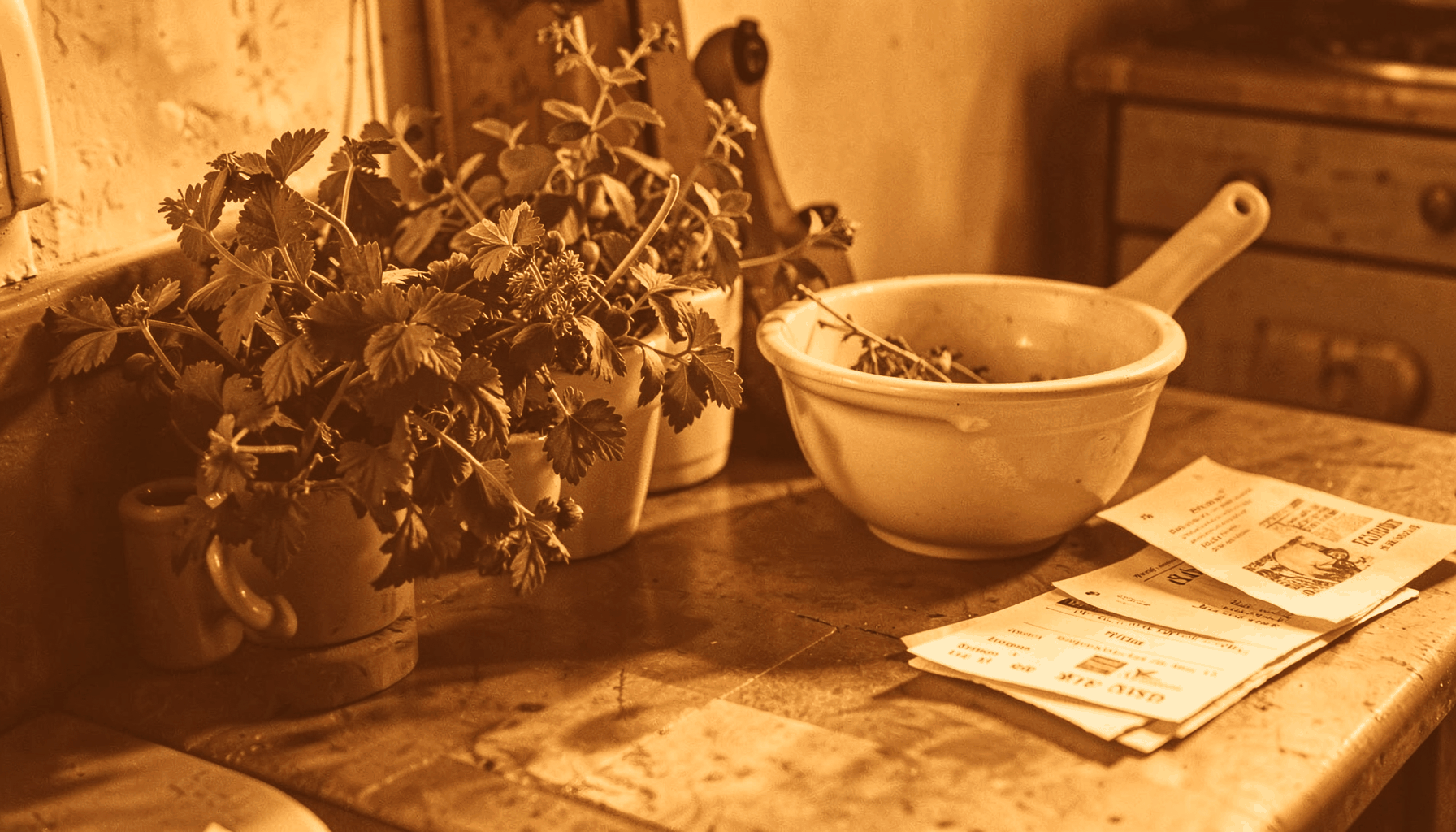 A warm duotone photograph of a rustic kitchen counter with fresh herbs, a mixing bowl, and scattered recipe notes, rendered in deep amber and cream tones