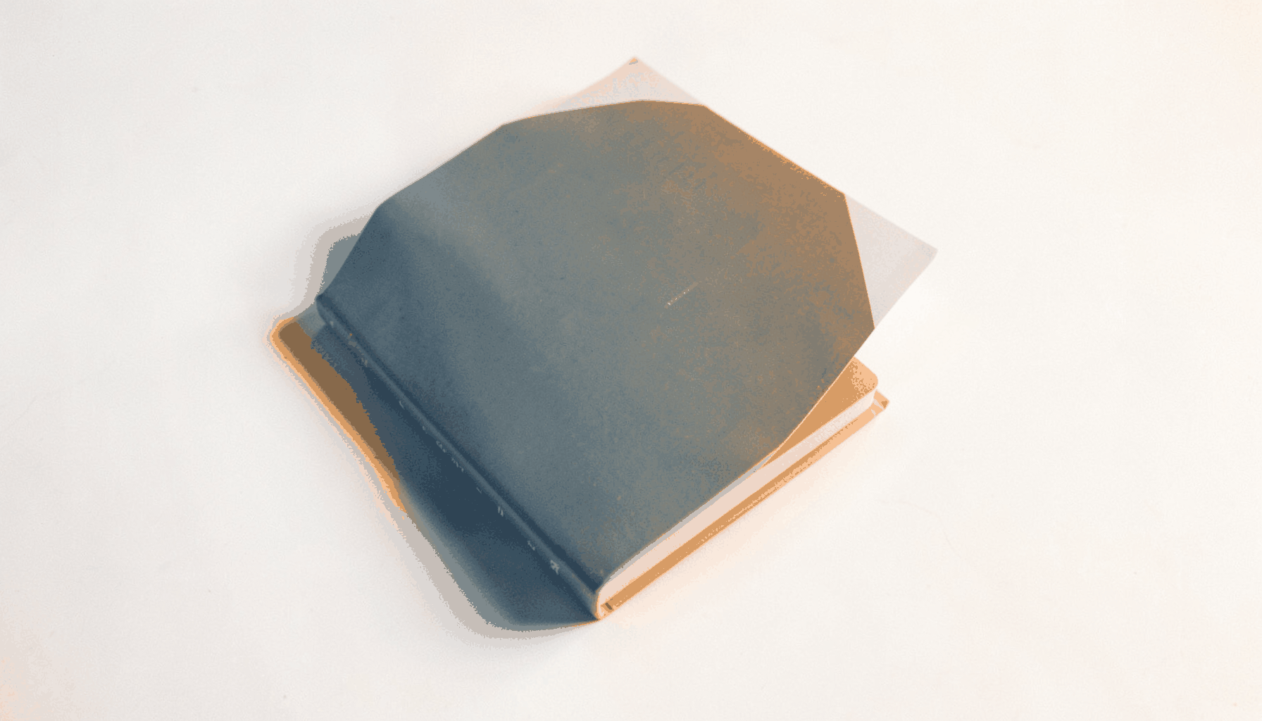 A warm duotone photograph of a self-help paperback on a clean white surface, in muted slate-blue and amber tones.