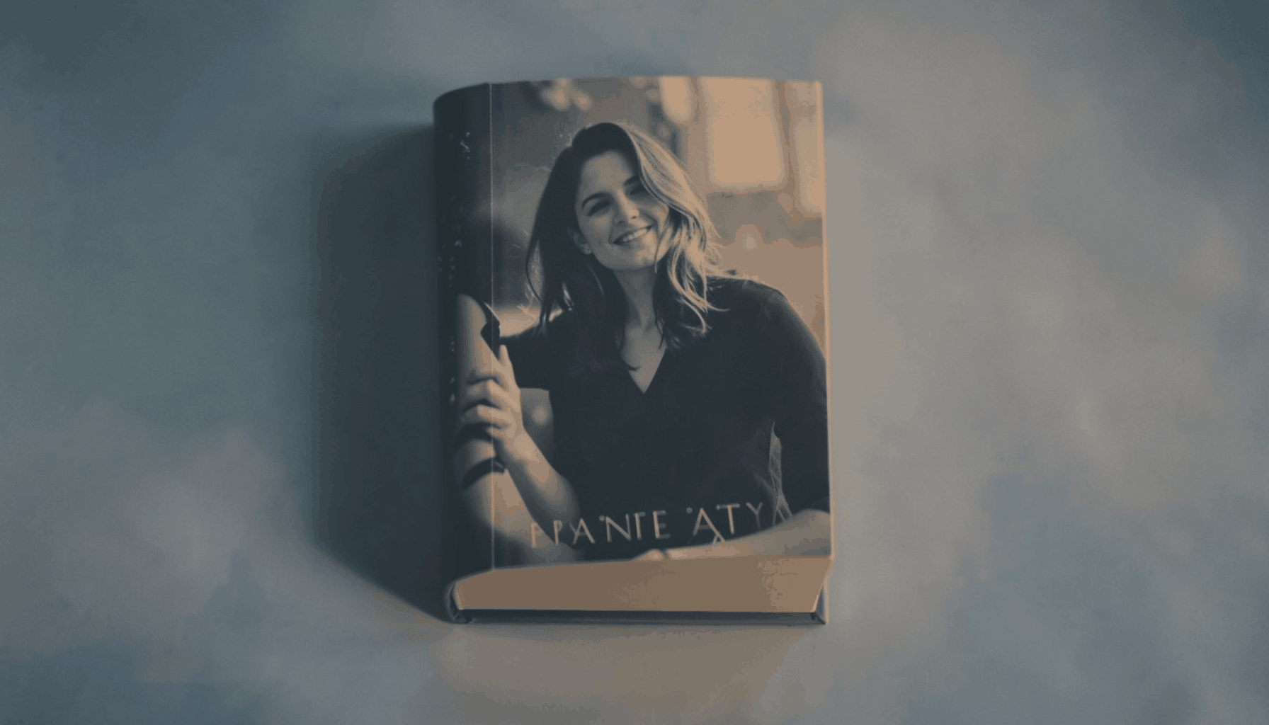 A warm duotone photograph of a contemporary romance novel with soft lighting, in muted slate-blue and amber tones.