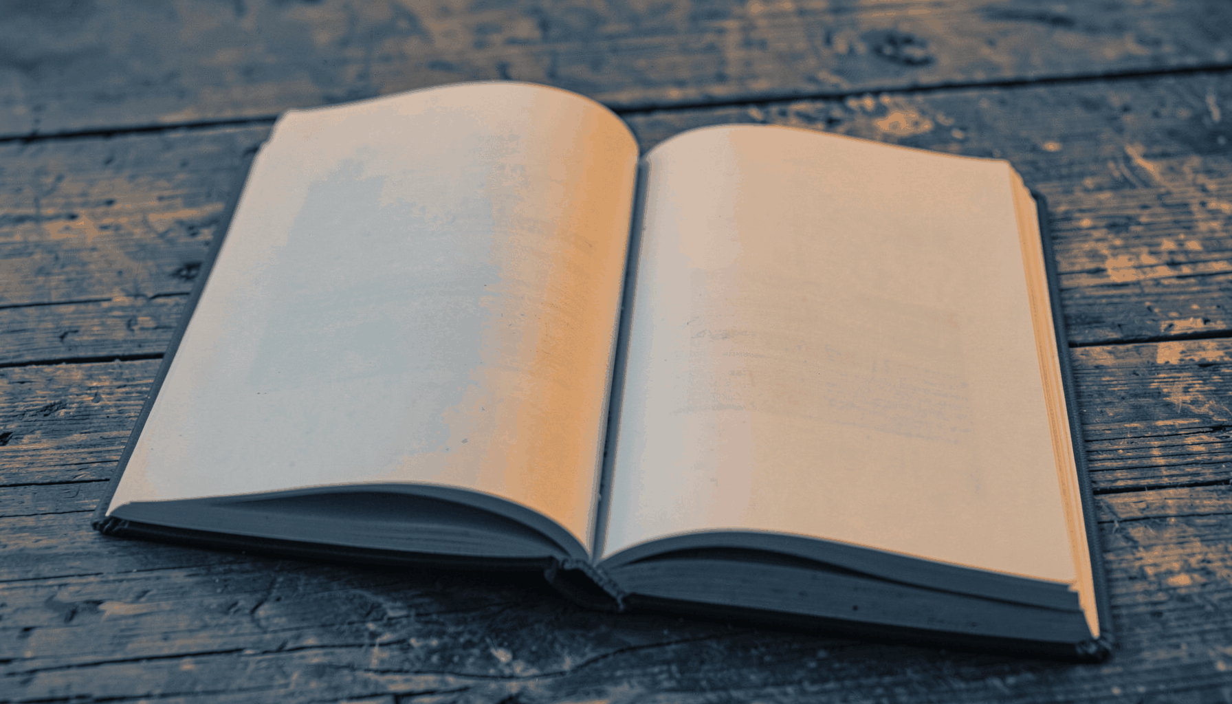 A warm duotone photograph of an open cookbook on a rustic wooden table, in muted slate-blue and amber tones.