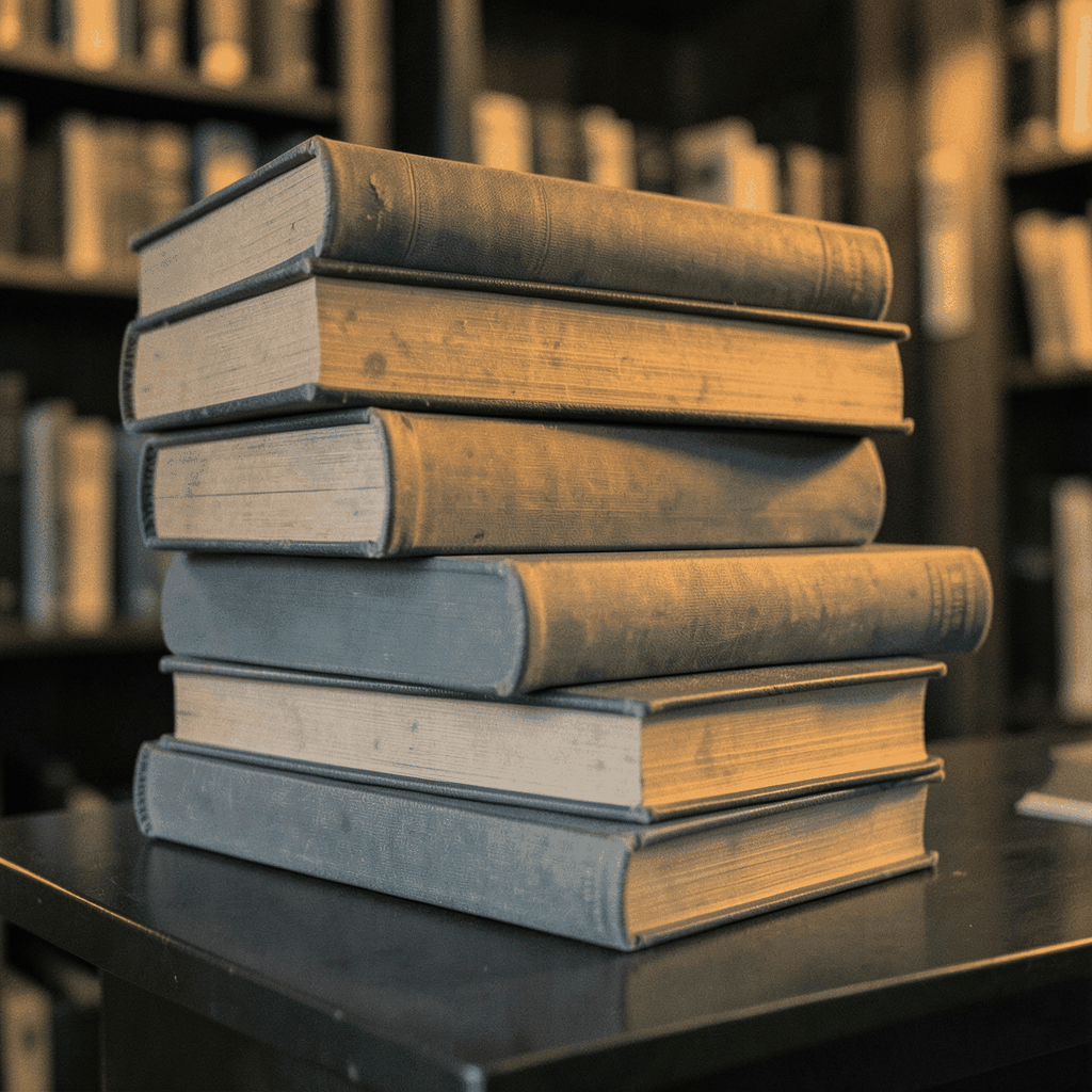 A warm duotone photograph of stacked hardcover books in muted slate-blue and amber tones, conveying a cozy library atmosphere.